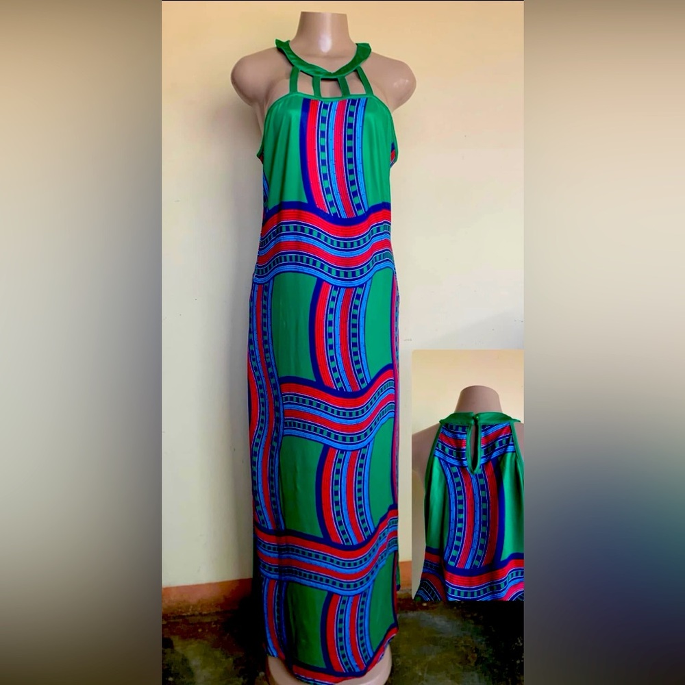 SHEIN Green and Red Geometric Maxi Dress